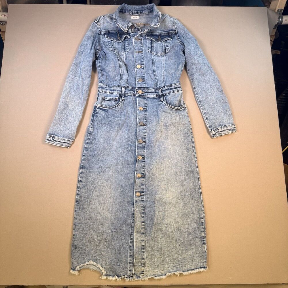 Wash Lab Jean Jacket Dress Blue Denim Small Maxi Button Front Pockets Small